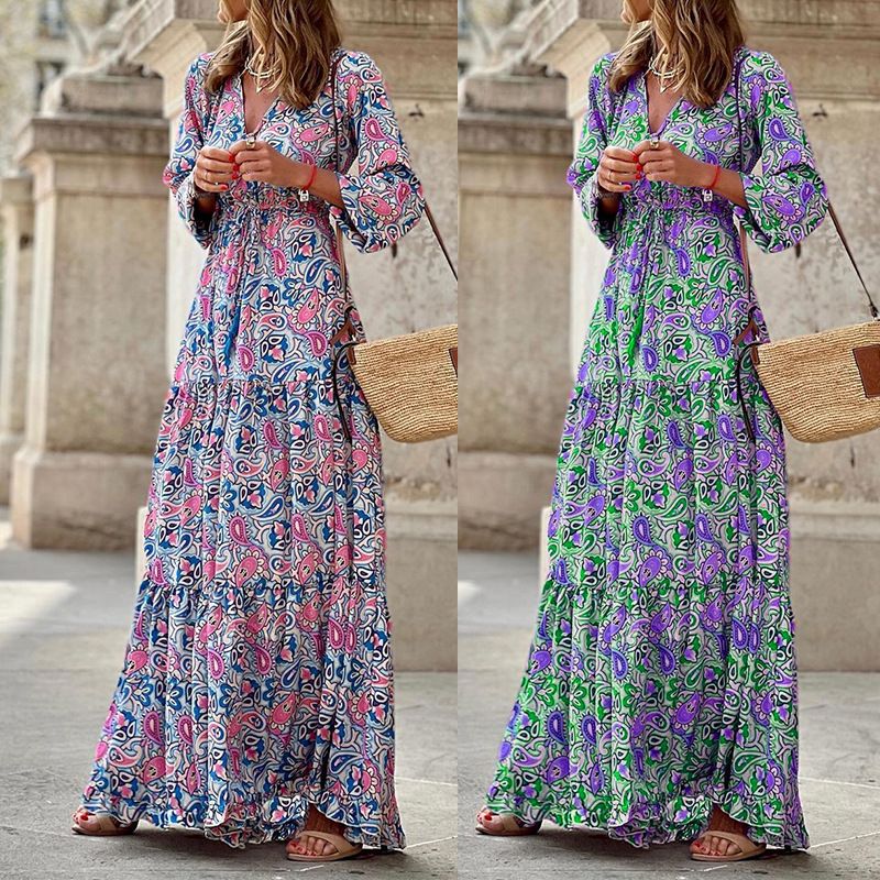 Women's Regular Dress Vintage Style Bohemian V Neck Printing Long Sleeve Printing Maxi Long Dress Daily