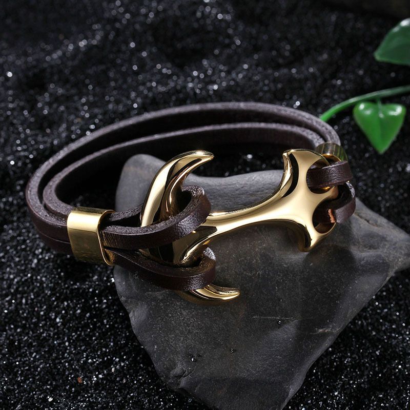 Moda Ancla Cuero Acero Titanio Enchapado Chapado En Oro De 18 Quilates. Hombres Pulsera