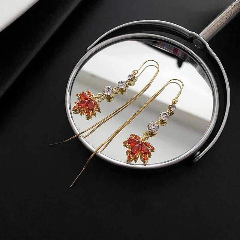 Fashion Maple Leaf Copper Plating Zircon Drop Earrings 1 Pair