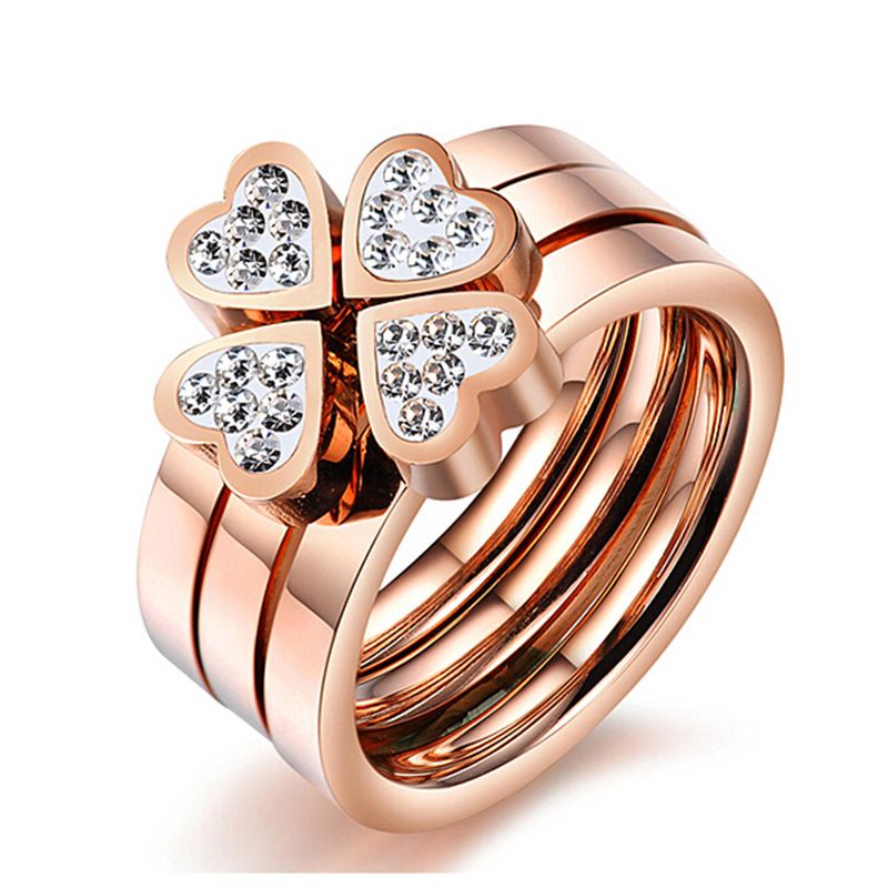 Fashion Simple Style Four Leaf Clover Flower Stainless Steel Rhinestone Metal Artificial Gemstones Rings