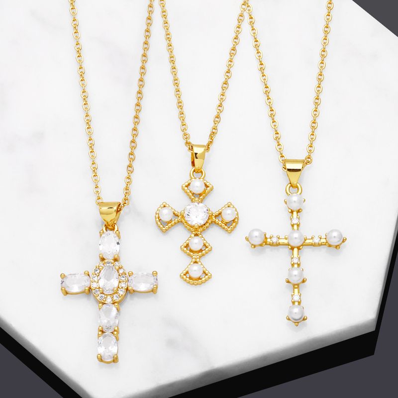 Mode Kreuzen Kupfer Überzug Künstliche Perlen Zirkon Halskette Mit Anhänger 1 Stück