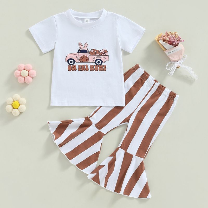 Easter Fashion Cartoon Letter Stripe Cotton Girls Clothing Sets