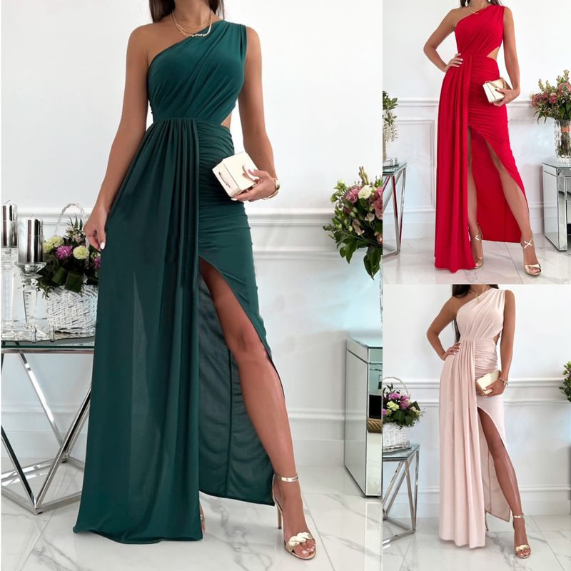 Women's Party Dress Fashion Diagonal Collar Slit Patchwork Sleeveless Solid Color Maxi Long Dress Banquet