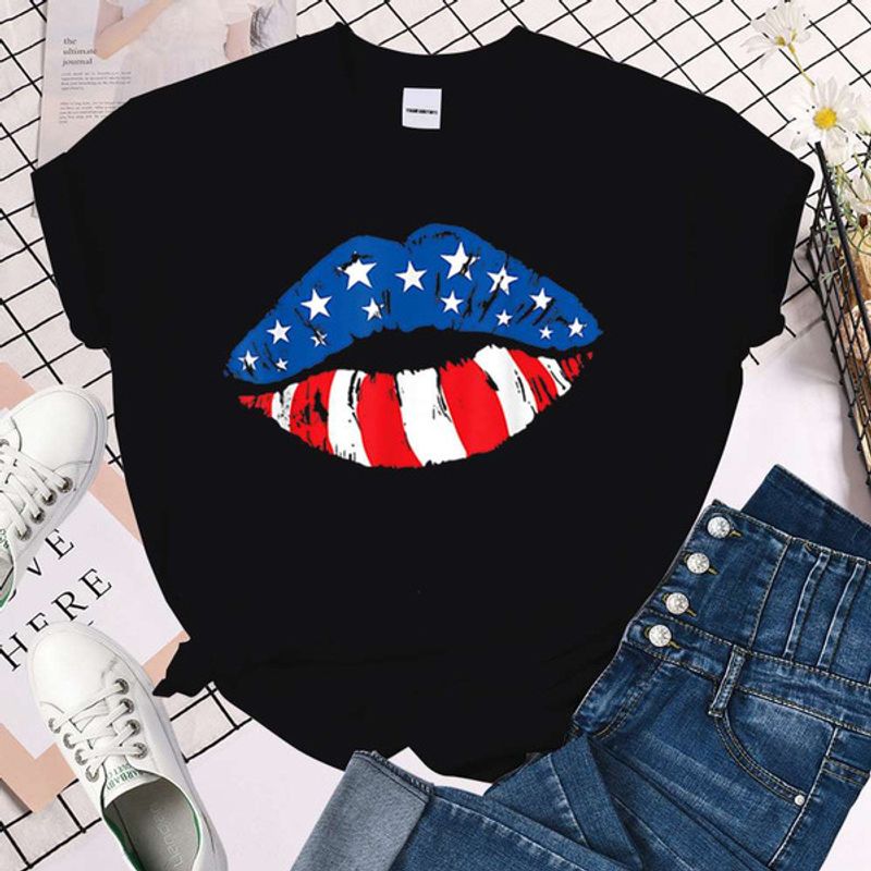 Streetwear Mouth American Flag Polyester Round Neck Short Sleeve Regular Sleeve Printing T-shirt