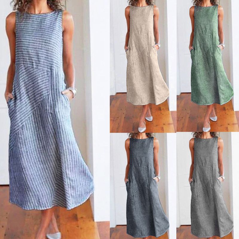 Women's Straight Skirt Casual Round Neck Printing Pocket Sleeveless Stripe Solid Color Midi Dress Daily