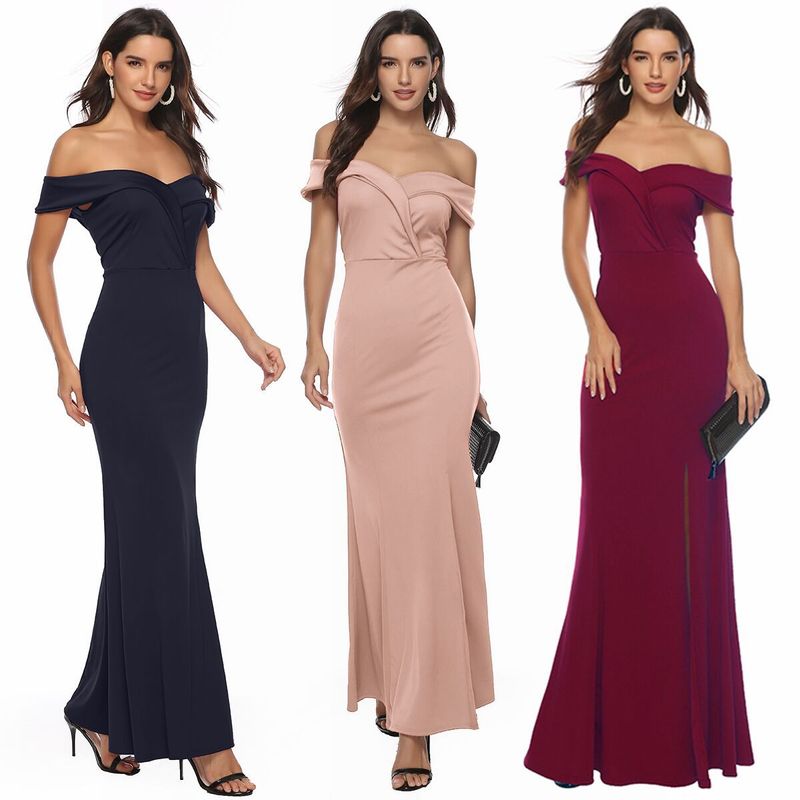 Femmes Robe De Fête Élégant Col Bateau Sans Manches Couleur Unie Maxi Longue Robe Banquet