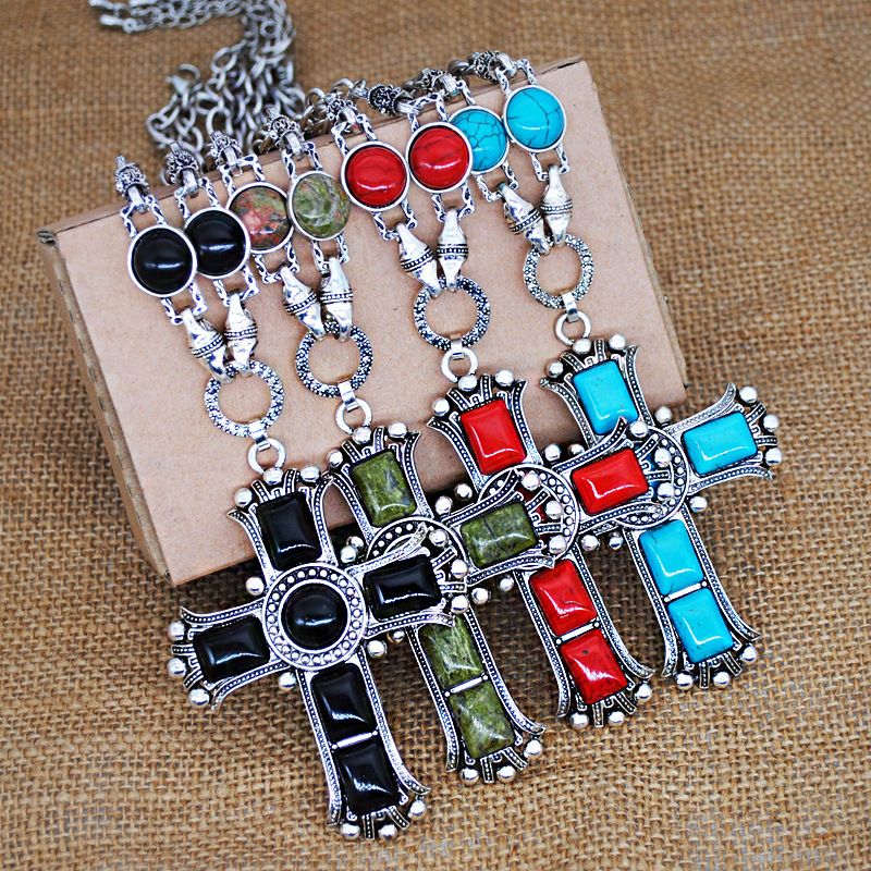 1 Piece Fashion Cross Alloy Inlay Turquoise Women's Pendant Necklace