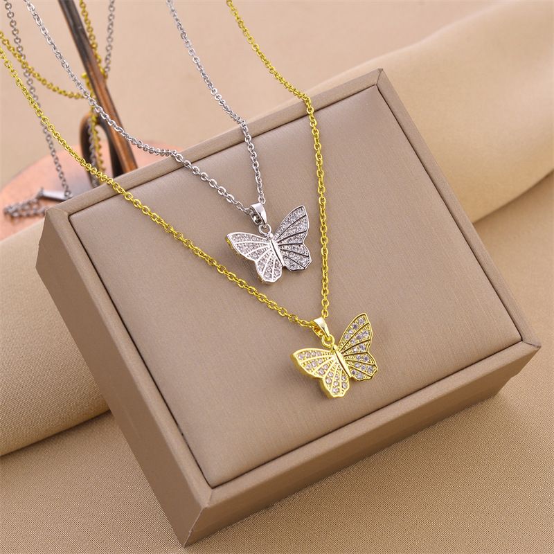 Fashion Butterfly Titanium Steel Inlay Zircon Pendant Necklace 1 Piece