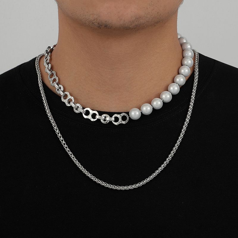 1 Pièce Mode Géométrique Perle D'imitation Alliage Placage Hommes Collier En Couches