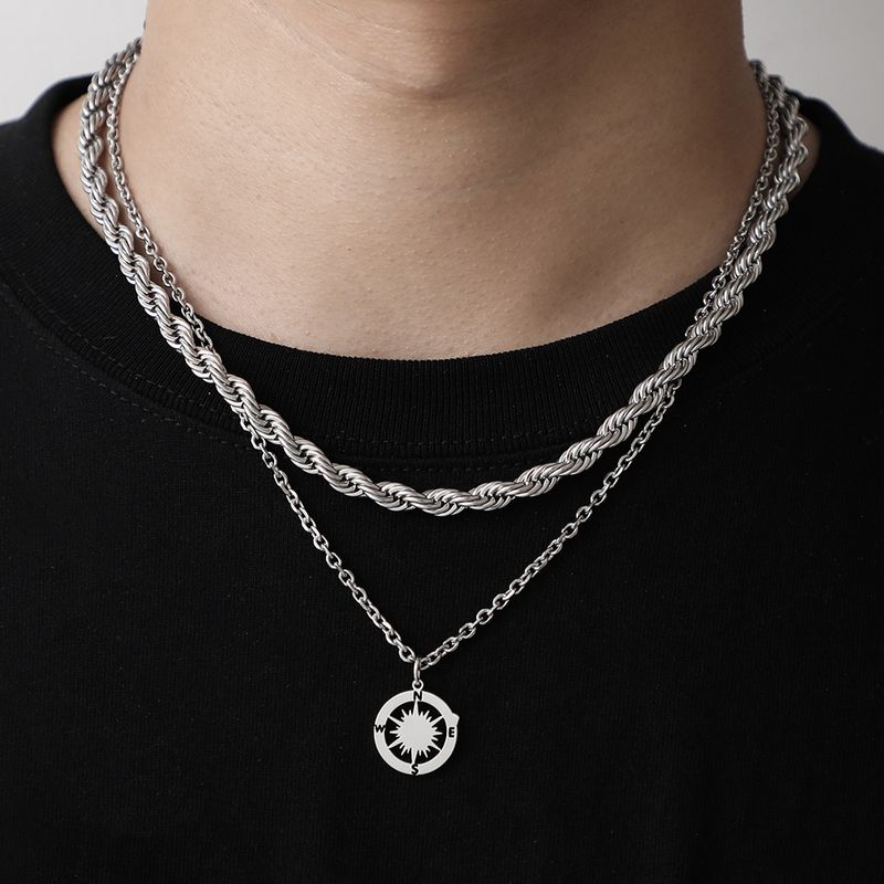 1 Piece Simple Style Compass Stainless Steel Titanium Steel Plating Hollow Out Men's Layered Necklaces