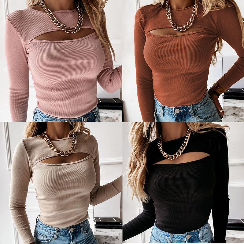 Women's T-shirt Short Sleeve Long Sleeve T-shirts Patchwork Hollow Out Sexy Solid Color