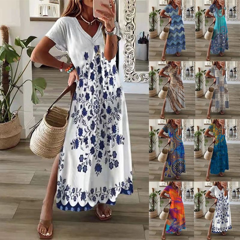 Women's Straight Skirt Casual V Neck Printing Short Sleeve Flower Maxi Long Dress Daily