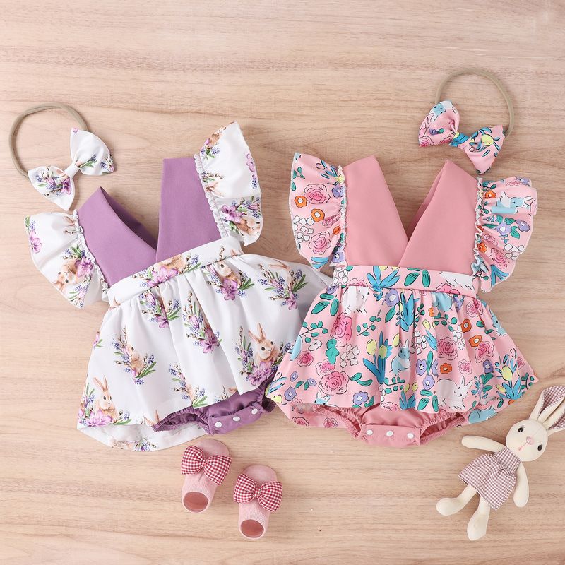 Fashion Rabbit Flower Cotton Polyester Baby Rompers