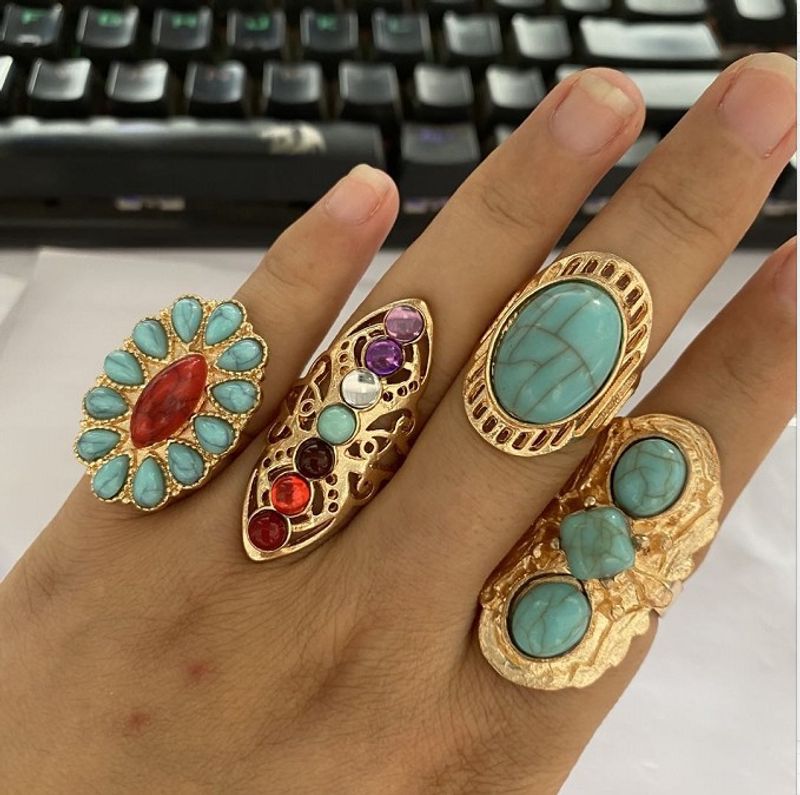 4 Piece Set Fashion Round Alloy Inlay Turquoise Women's Rings