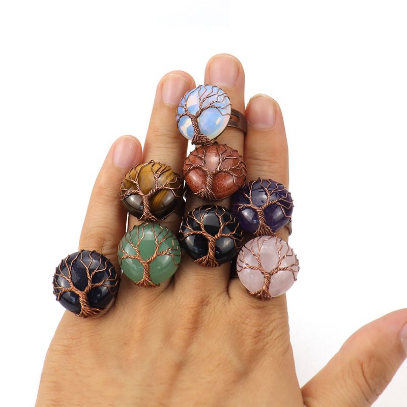 Ethnic Style Tree Oval Agate Copper Open Ring 1 Piece