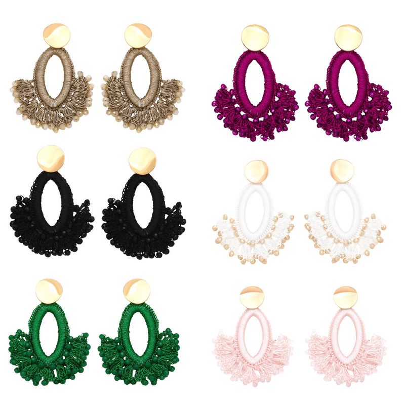 1 Pair Ethnic Style Sector Beaded Braid Resin Gold Plated Chandelier Earrings