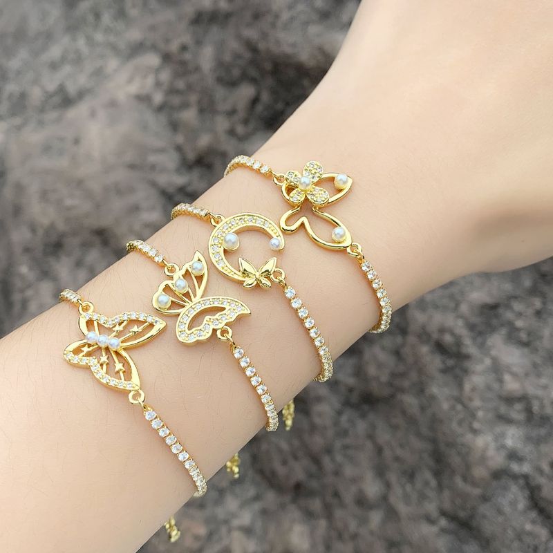 Einfacher Stil Mond Schmetterling Kupfer Überzug Künstliche Perlen Zirkon Armbänder 1 Stück