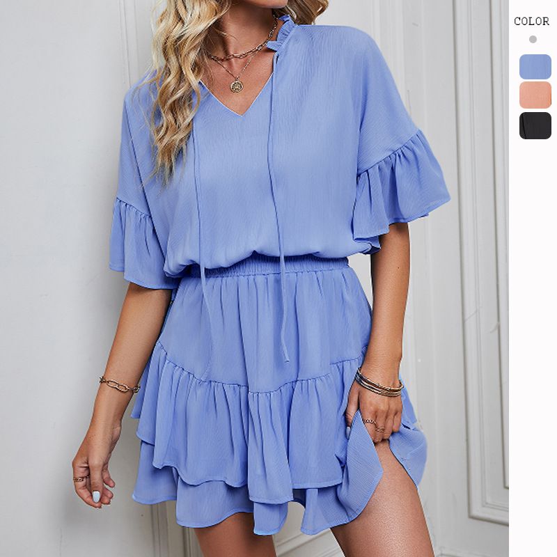 Women's Ruffled Skirt Casual V Neck Patchwork Ruffles Short Sleeve Solid Color Above Knee Daily