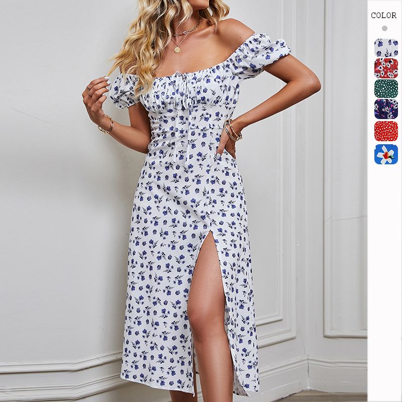 Femmes Robe Fendue Sexy Col Bateau Impression Fente Dos Nu Manche Courte Fleur Robe Mi-longue Du Quotidien