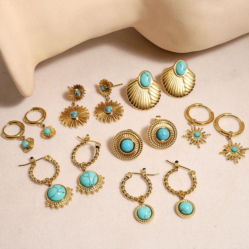 Style Simple Fleur Acier Au Titane Placage Incruster Turquoise Boucles D'oreilles 1 Paire