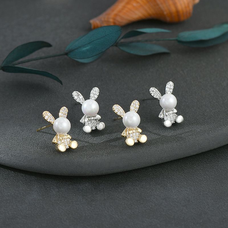 Moda Conejo Cobre Embutido Perlas Artificiales Circón Pendientes 1 Par