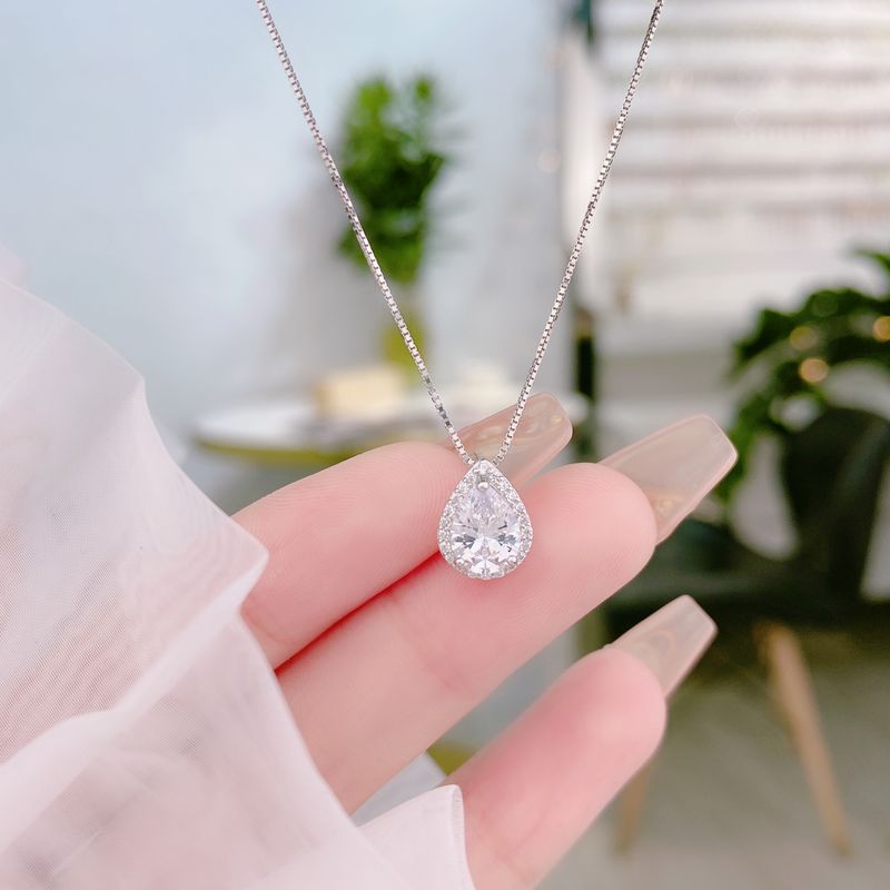 Simple Style Water Droplets Sterling Silver Plating Zircon Pendant Necklace