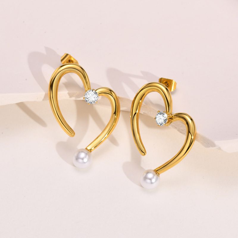 Mode Géométrique Forme De Cœur Acier Inoxydable Incruster Perles Artificielles Zircon Des Boucles D'oreilles 1 Paire