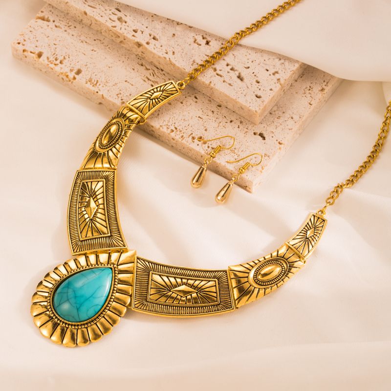 1 Set Vintage Style Water Droplets Alloy Inlay Turquoise Gold Plated Women's Earrings Necklace