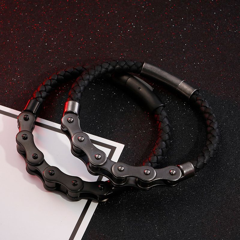 Hip Hop Geométrico Acero Inoxidable Cuero Trenza Hombres Pulsera