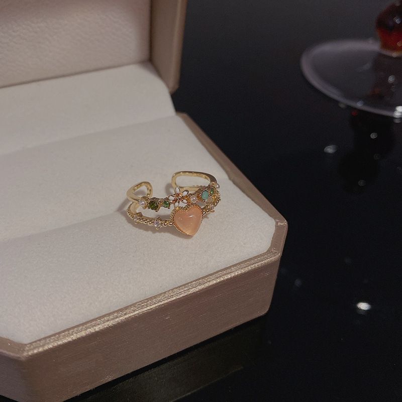 Sweet Heart Shape Flower Copper Plating Zircon Open Ring