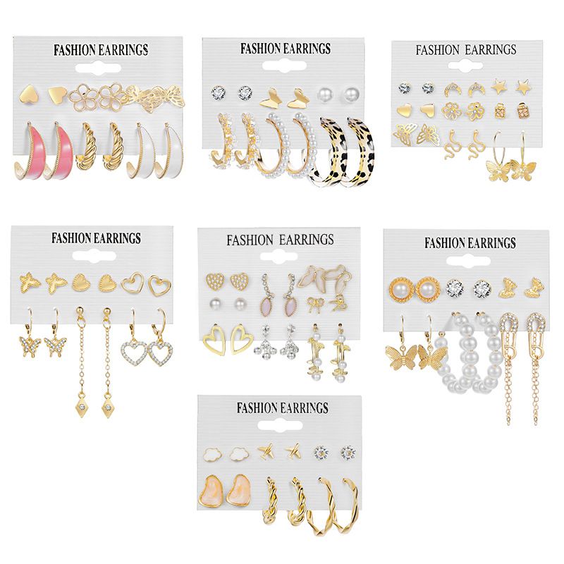 6 Pairs Fashion Heart Shape Flower Butterfly Imitation Pearl Alloy Plating Inlay Artificial Crystal Women's Drop Earrings Ear Studs