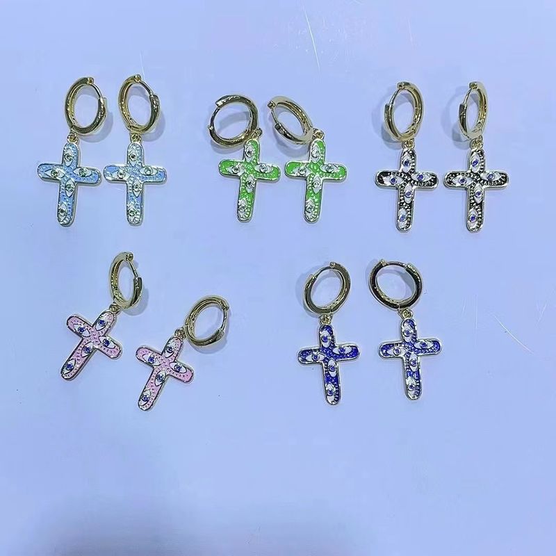Ins Style Cross Copper Enamel Plating Drop Earrings 1 Pair