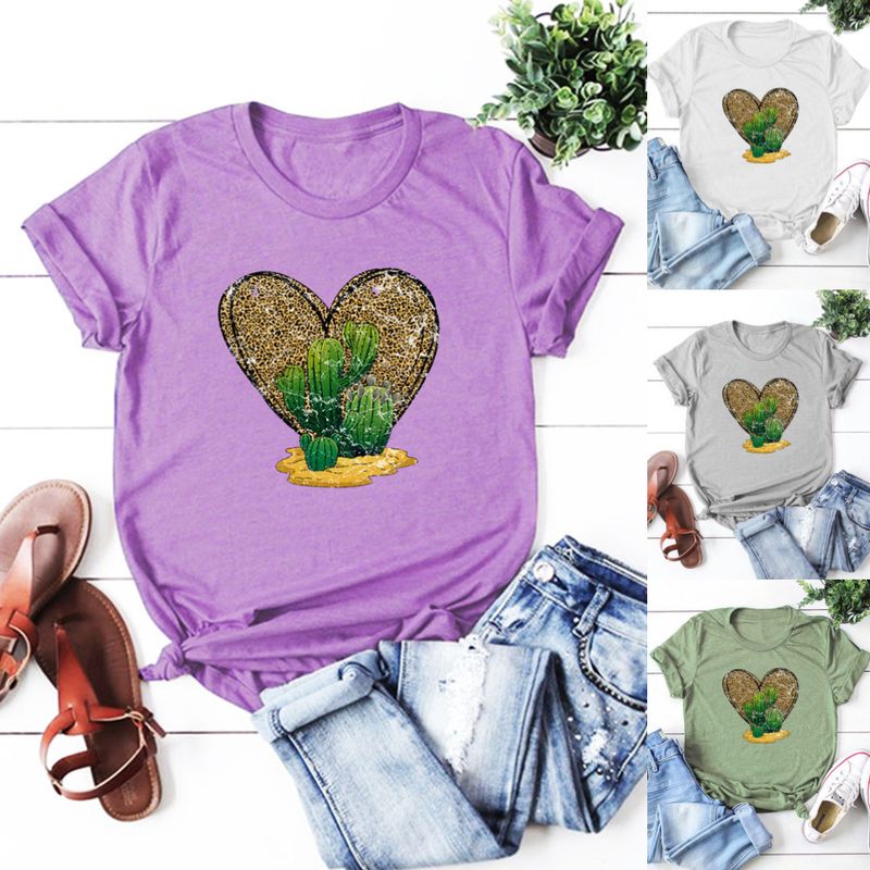 Women's T-shirt Short Sleeve T-shirts Printing Streetwear Cactus Heart Shape