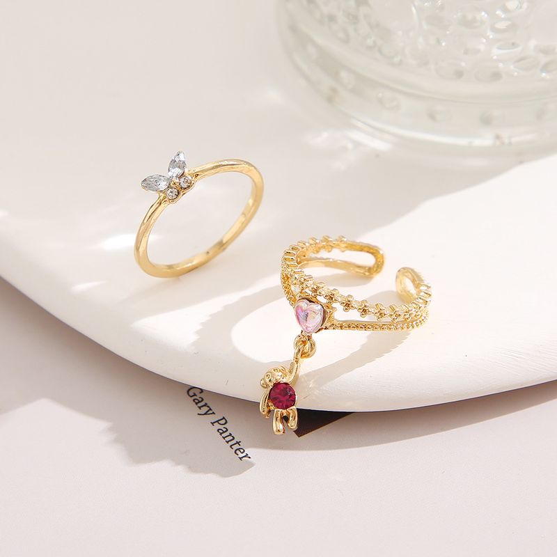 2 Piece Set Fashion Heart Shape Butterfly Alloy Inlay Artificial Crystal Valentine's Day Unisex Rings