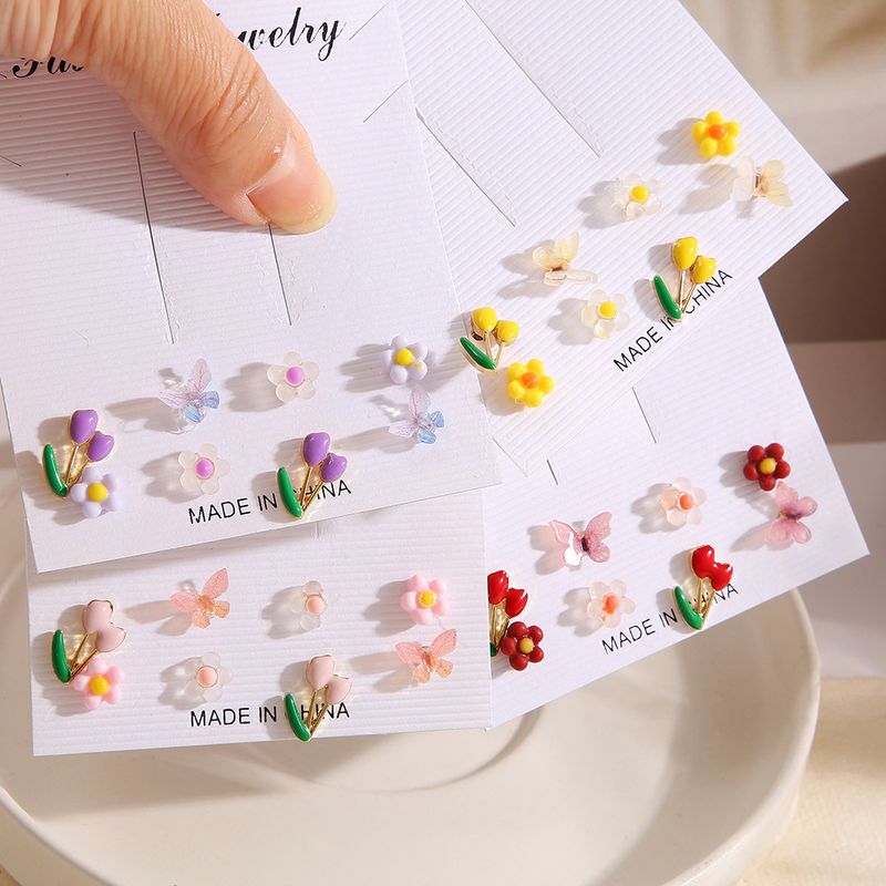 1 Set Sweet Flower Butterfly Resin Metal Enamel Women's Earrings