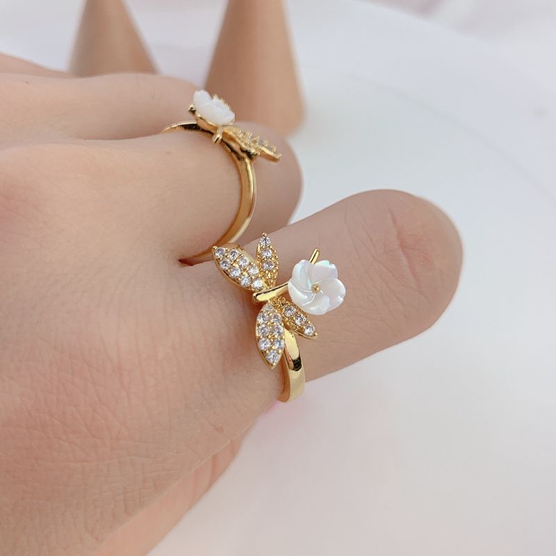 1 Piece Fashion Flower Alloy Plating Inlay Rhinestones Shell 18k Gold Plated Women's Open Ring