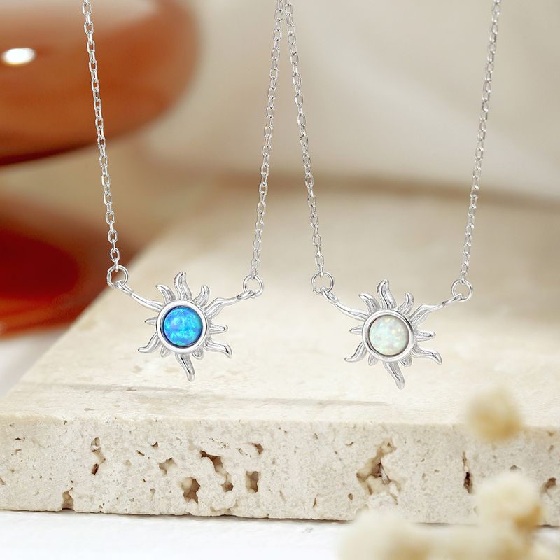 Fashion Sun Silver Plating Inlay Opal Stone Necklace 1 Piece