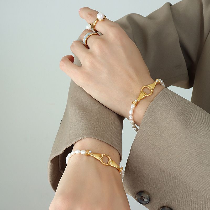 Fashion Round Pearl Titanium Steel Beaded Plating Bracelets 1 Piece
