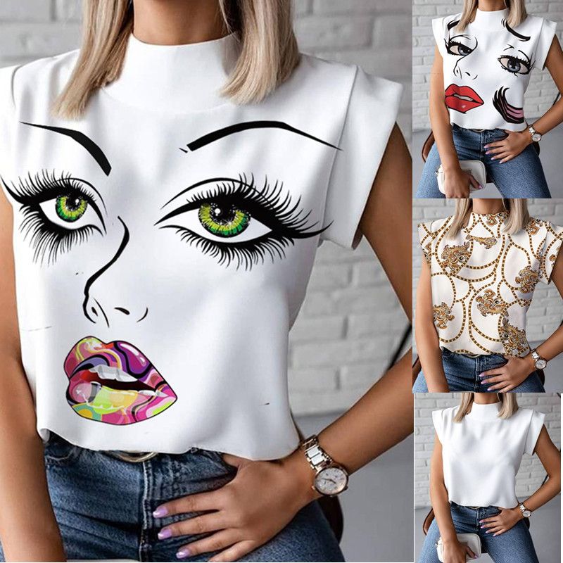 Frau Bluse Kurzarm T-shirts Drucken Patchwork Mode Menschliches Gesicht