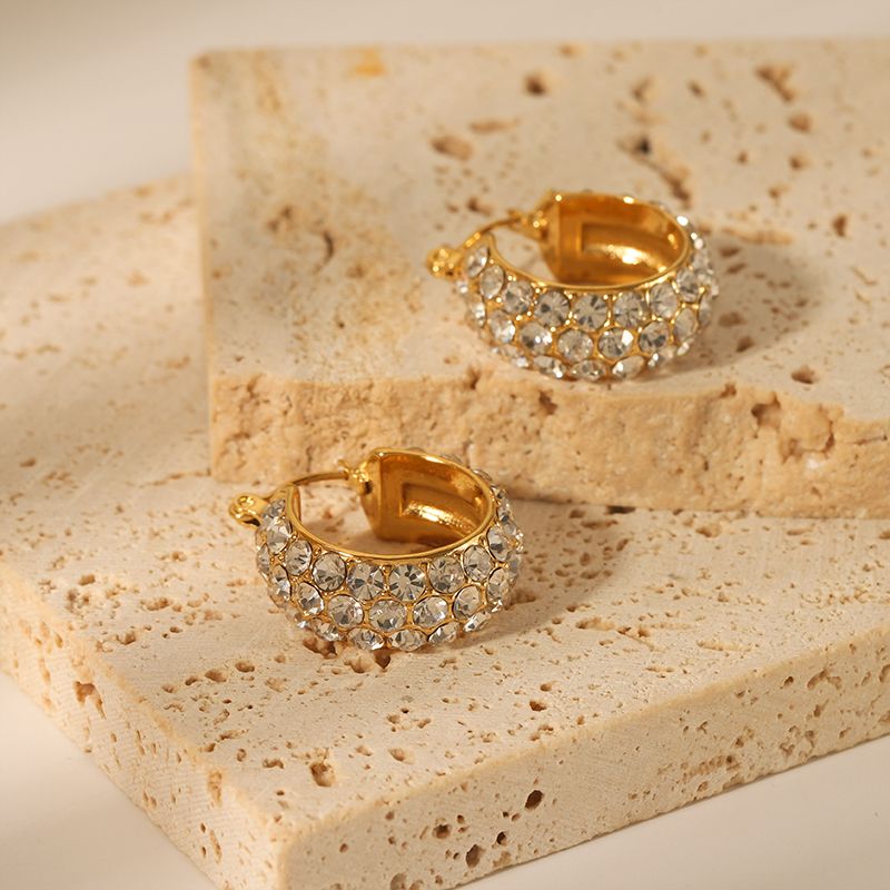 1 Pair Simple Style Solid Color Plating Inlay 304 Stainless Steel Rhinestones 18K Gold Plated Ear Studs