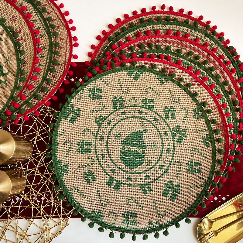 Jute Rund Tischplatte Aus Baumwolle Leinen Esstisch Kissen-requisiten Hitze Beweis Matte Weihnachts Pelzball Vintage Weben Tisch Untersetzer