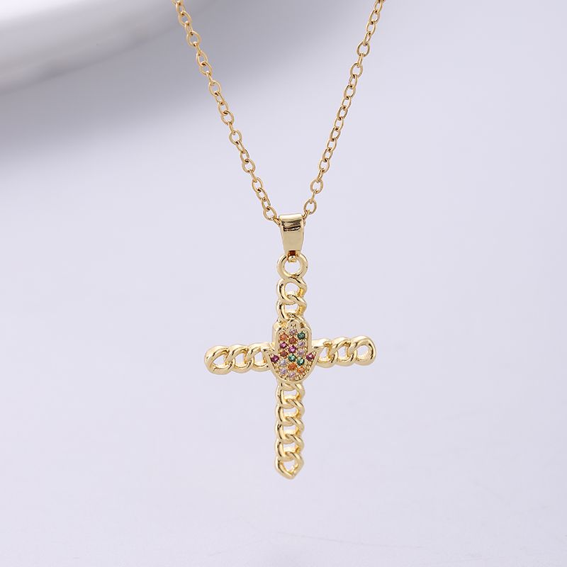 Strassenmode Koreanische Art Kreuzen Rostfreier Stahl Überzug Inlay Zirkon 18 Karat Vergoldet Halskette Mit Anhänger