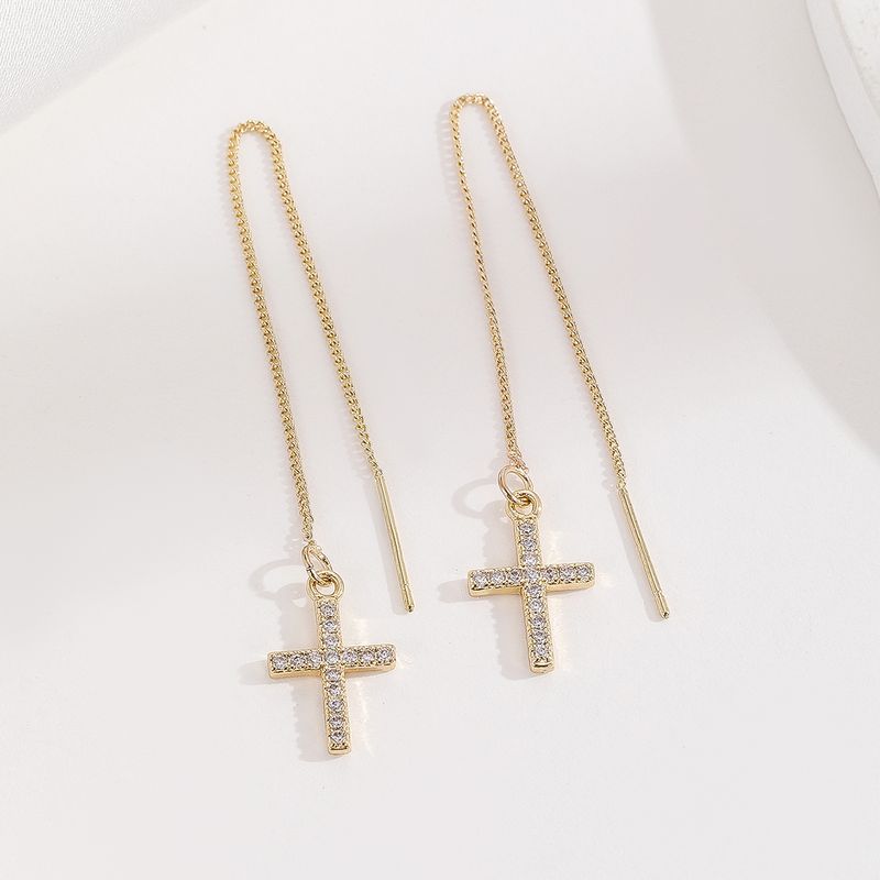 1 Pair Streetwear Korean Style Cross Plating Inlay Copper Zircon 14k Gold Plated Ear Line