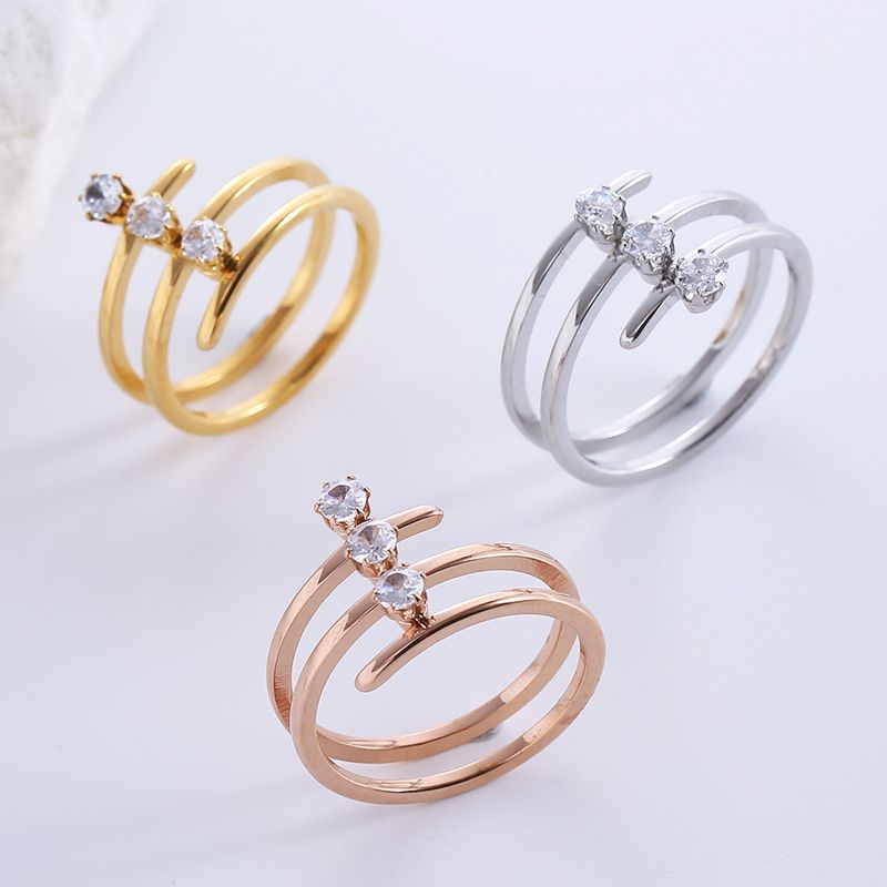 Casual Formal Lines Stainless Steel Inlay Zircon 18k Gold Plated Rings