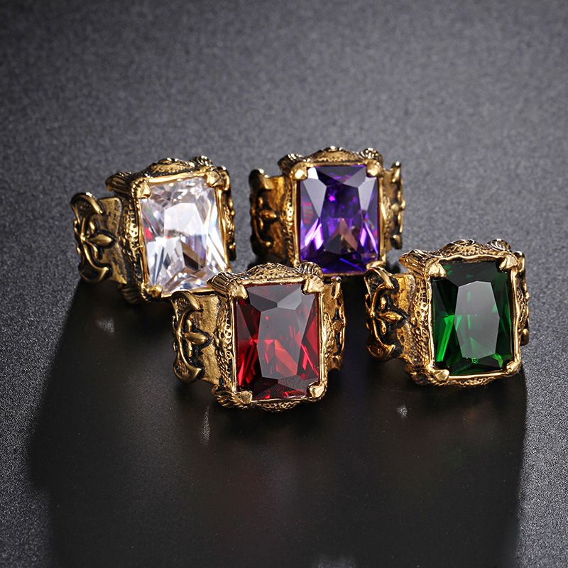 Retro Square Titanium Steel Inlay Zircon 18K Gold Plated Men's Rings