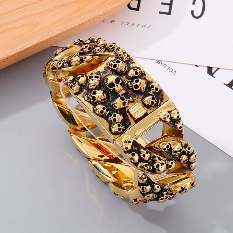 Hip-Hop Retro Skull Titanium Steel Stoving Varnish 18K Gold Plated Men's Bracelets