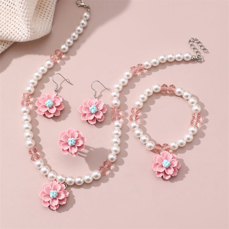 Retro Sweet Flower Resin Inlay Pearl Girl's Jewelry Set