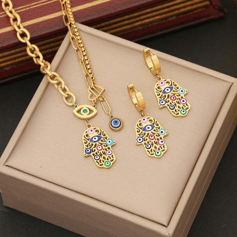 Stainless Steel 18K Gold Plated Vintage Style Enamel Palm Pendant Necklace