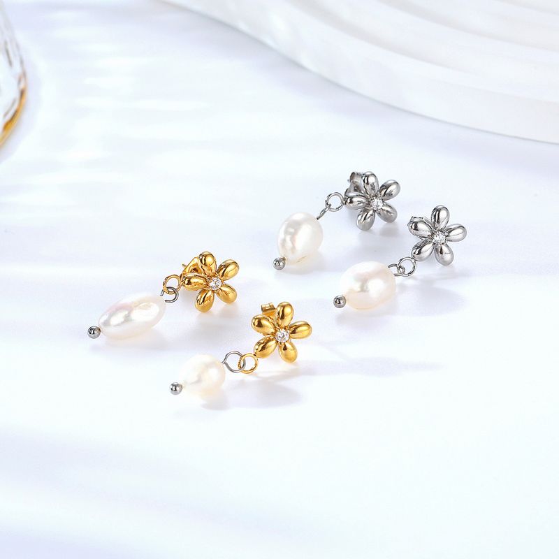 1 Pair Elegant Lady Flower 304 Stainless Steel 18K Gold Plated Drop Earrings