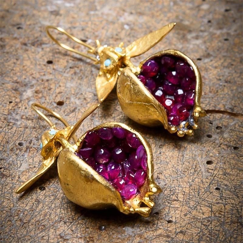 1 Pair Ethnic Style Pomegranate Plating Inlay Alloy Artificial Gemstones Drop Earrings